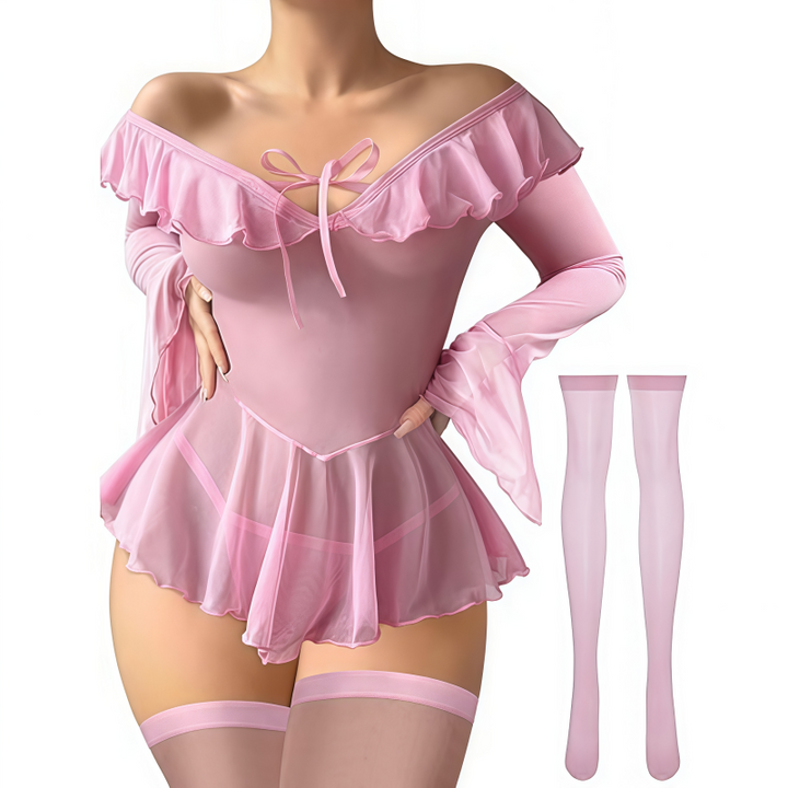 Ruffled Off Shoulder Sheer Mesh Nightgown