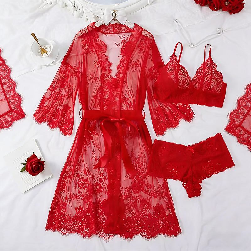 Lace-up three-piece bathrobe set