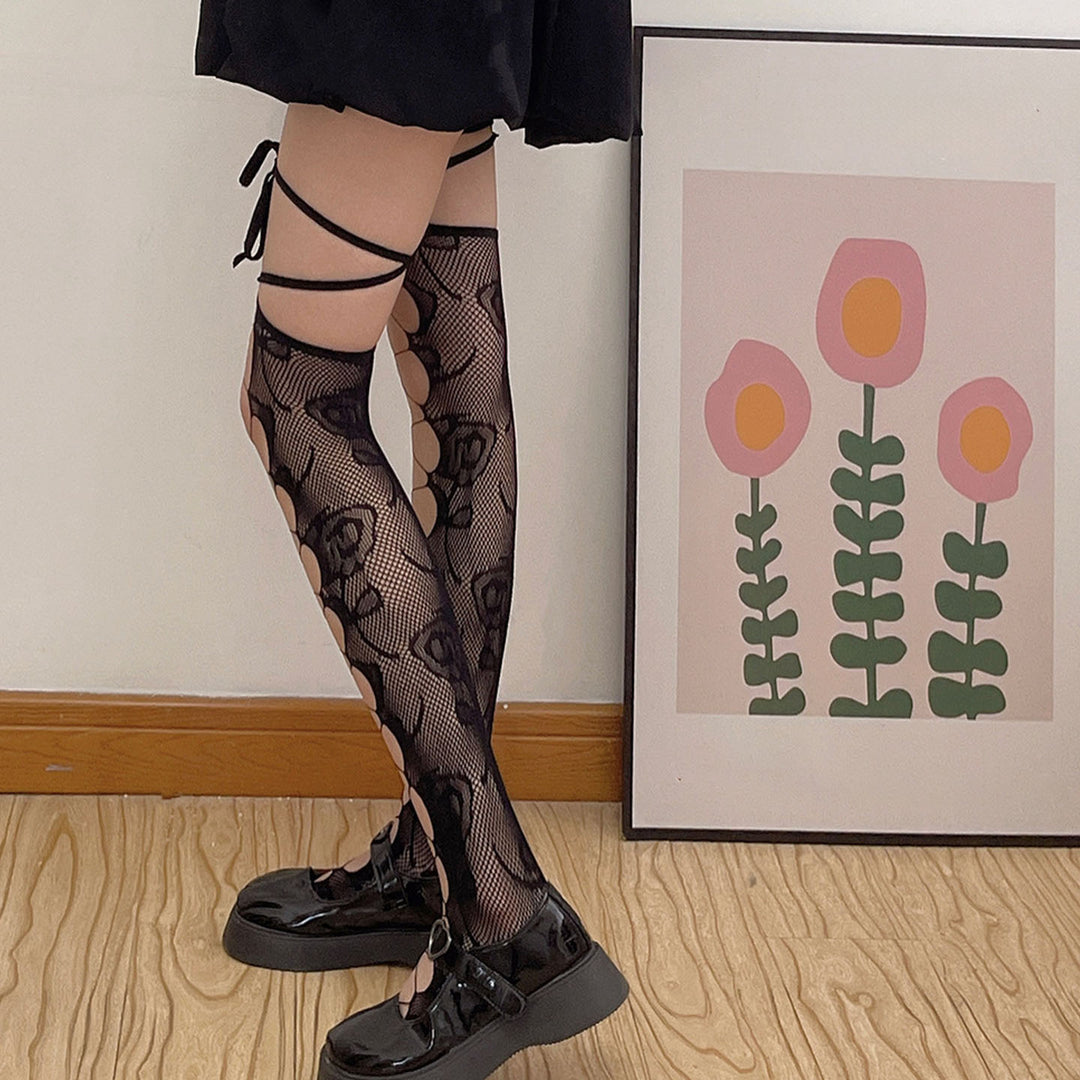 Cut-out lace-up knee-high socks