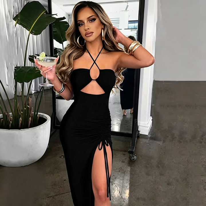 Halter-neck cut-out maxi dress with a high slit