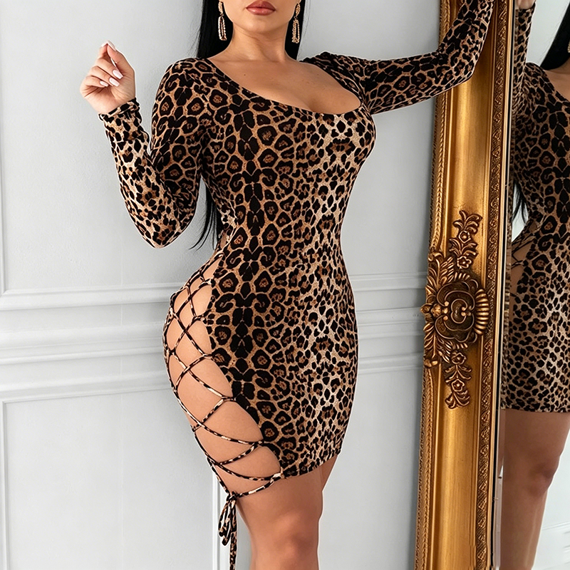 Leopard-print backless lace-up bodycon mini dress