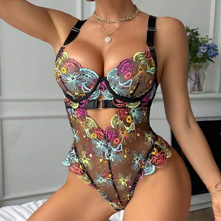 Embroidered Floral Mesh Bodysuit