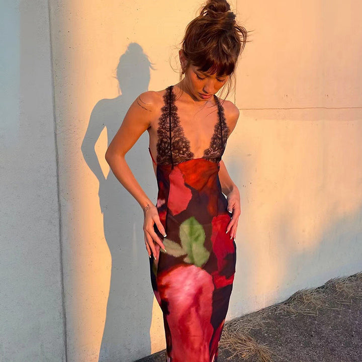 Lace halter backless printed dress