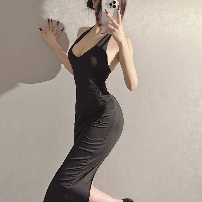 Deep V-neck slit backless dress
