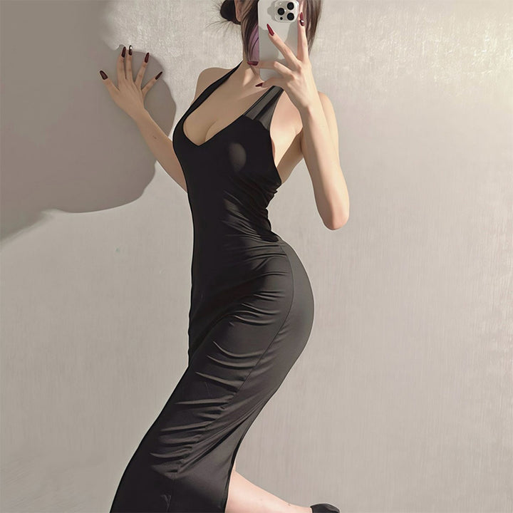 Deep V-neck slit backless dress