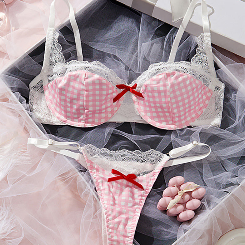 Pink, girlish, lace, checkered, contrasting color, sexy and playful lingerie set