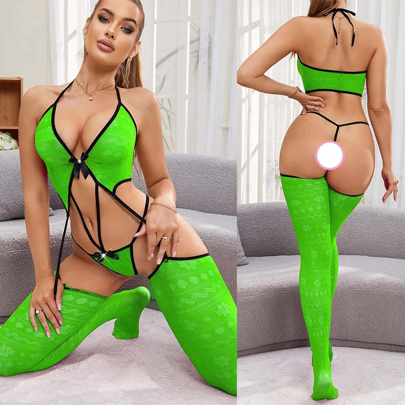 Halter-neck mesh bodysuit with bow detail