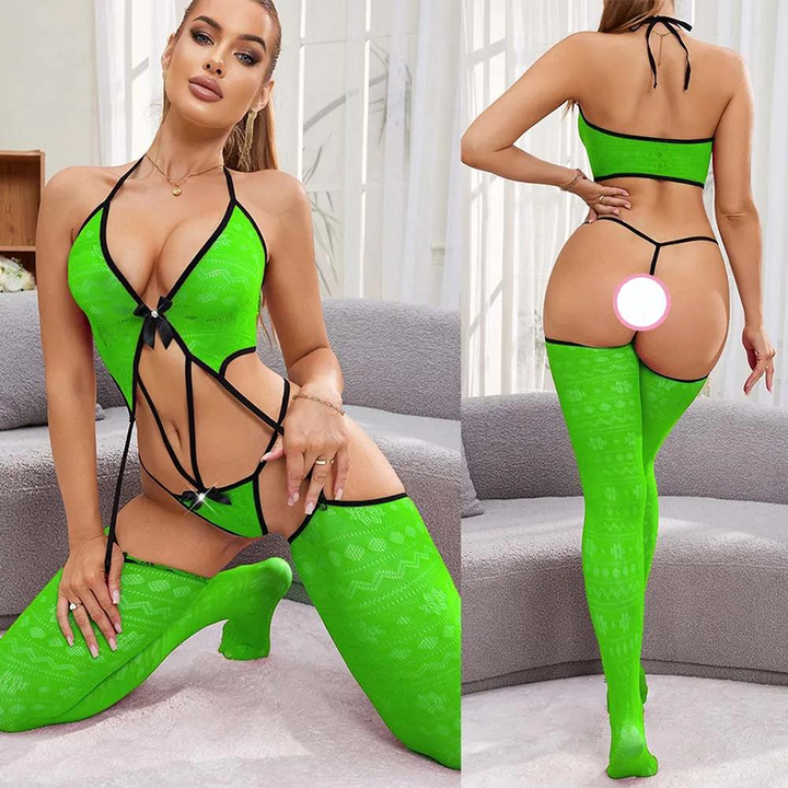Halter-neck mesh bodysuit with bow detail