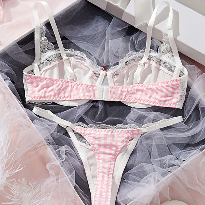 Pink, girlish, lace, checkered, contrasting color, sexy and playful lingerie set