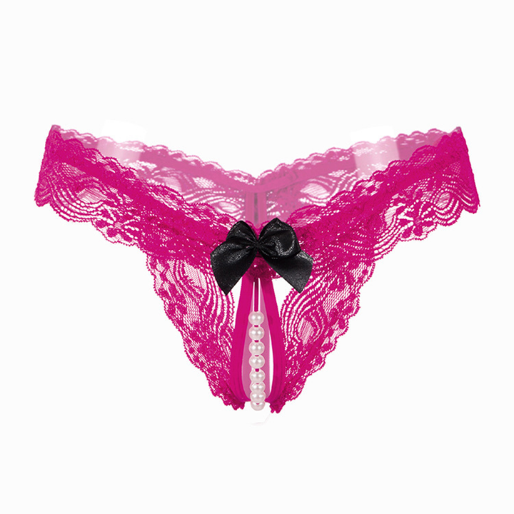Lace Thong with Bow and Pearl Detail