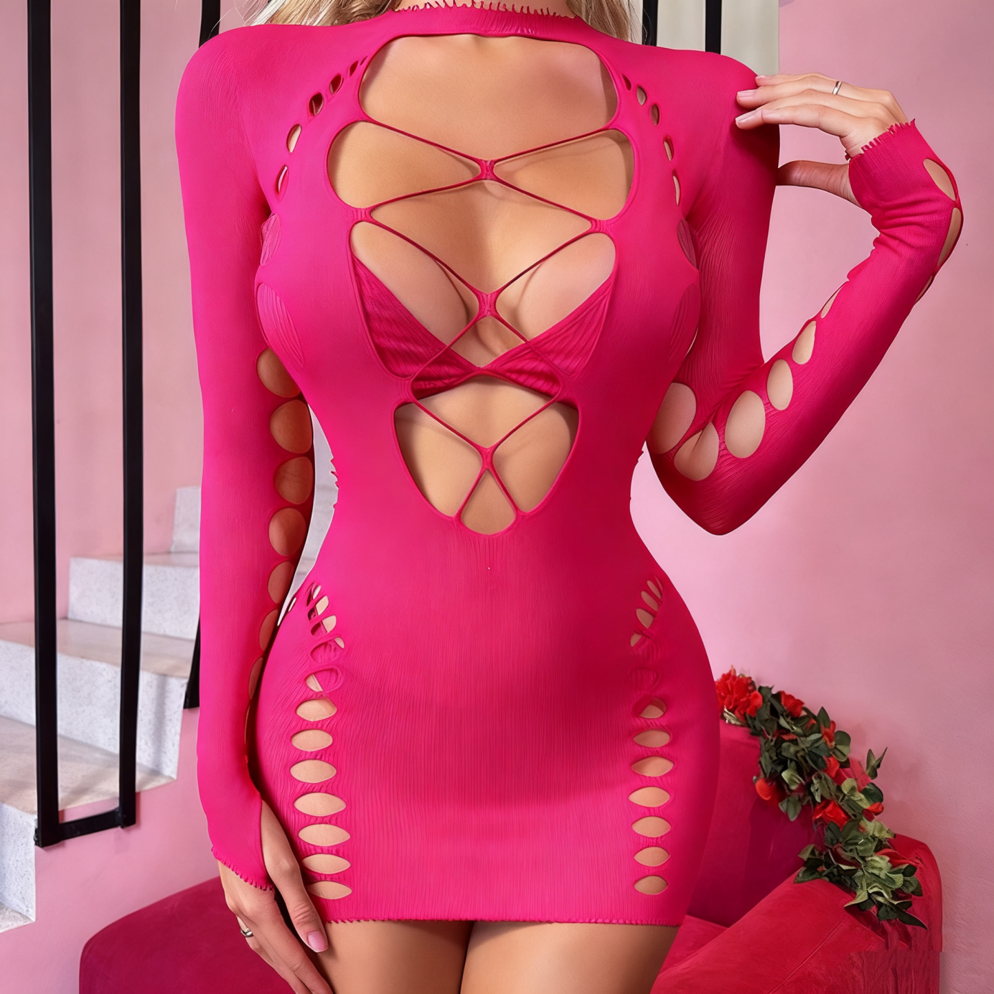 Sexy mesh bodysuit, one-piece sleepwear, bodycon dress, long tight-fitting garment