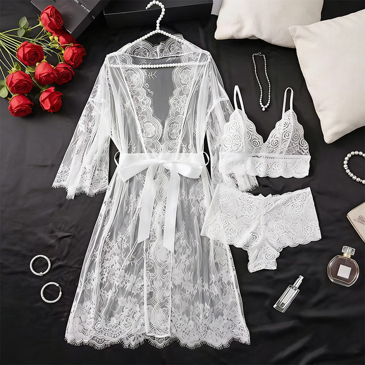 Lace-up three-piece bathrobe set