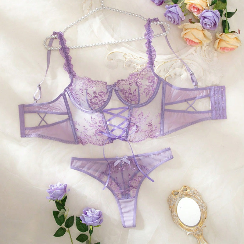 Embroidered Black Mesh Lingerie Set