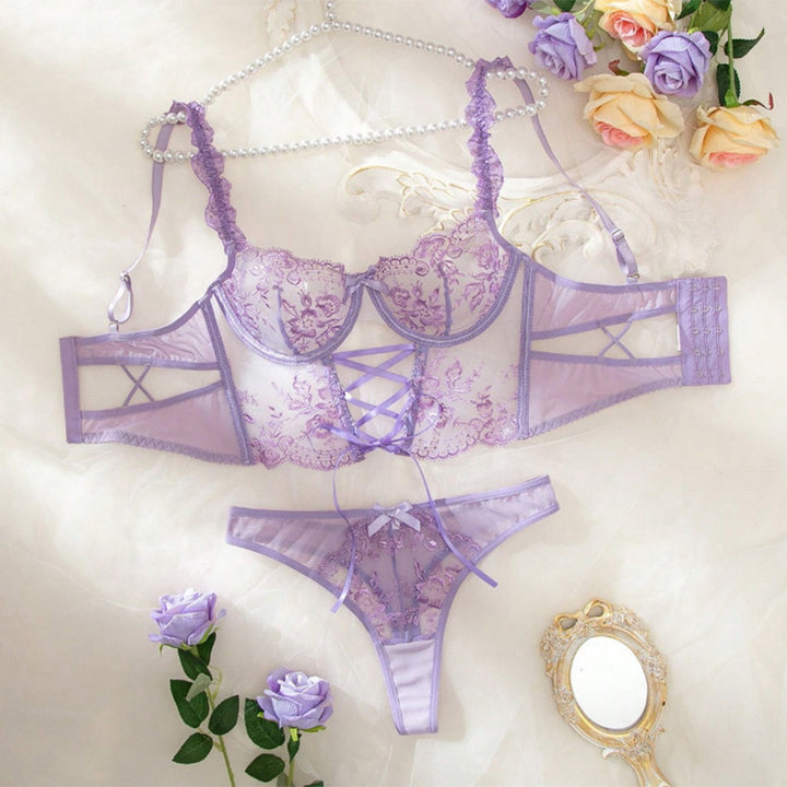 Embroidered Black Mesh Lingerie Set