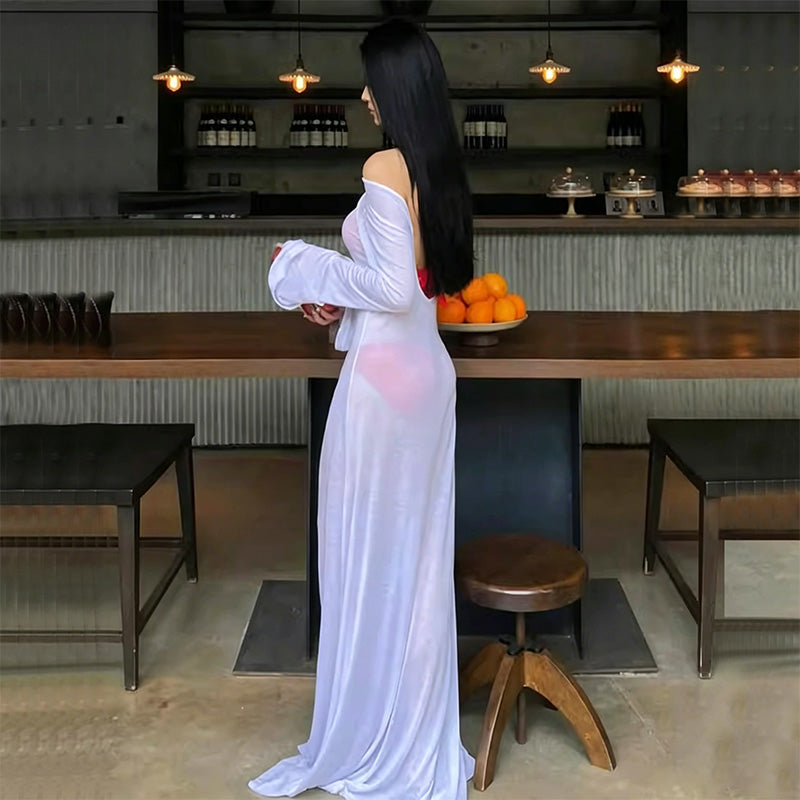 Backless long-sleeved cover-up dress