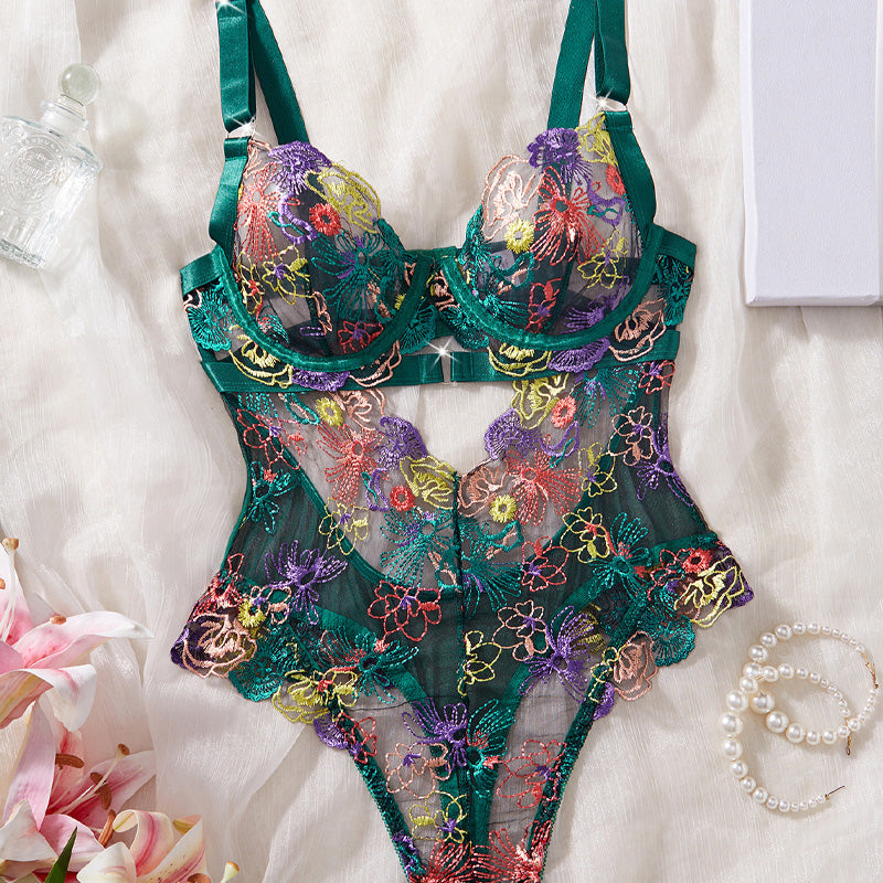 Embroidered Floral Mesh Bodysuit