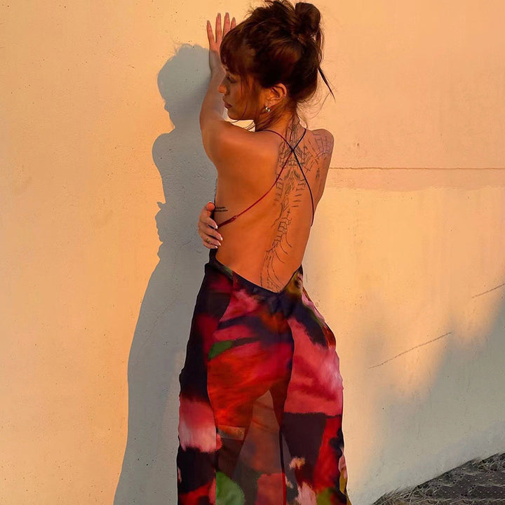 Lace halter backless printed dress