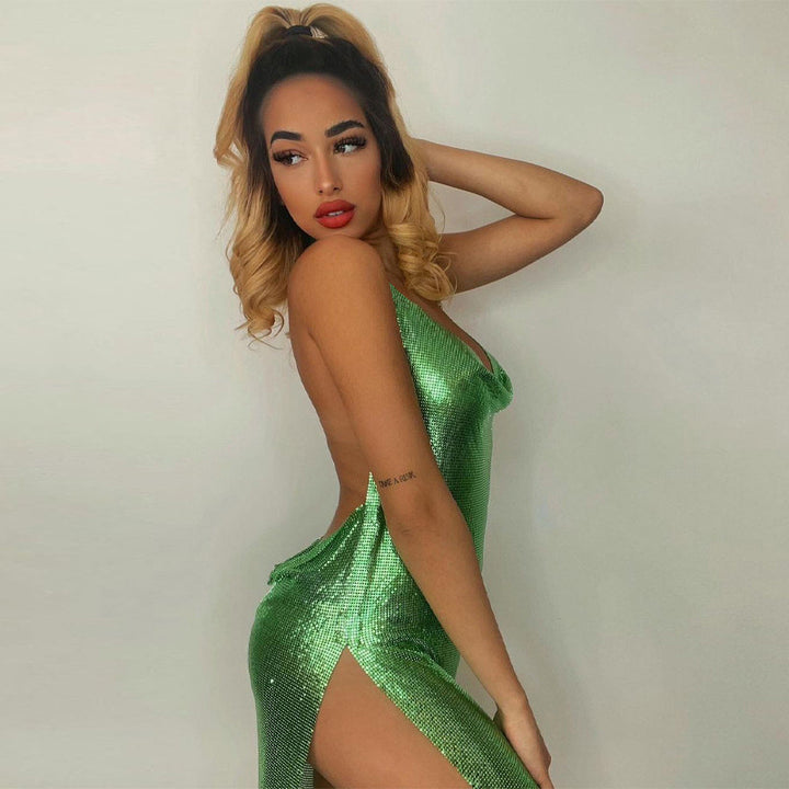 Backless solid color slim-fit slit dress