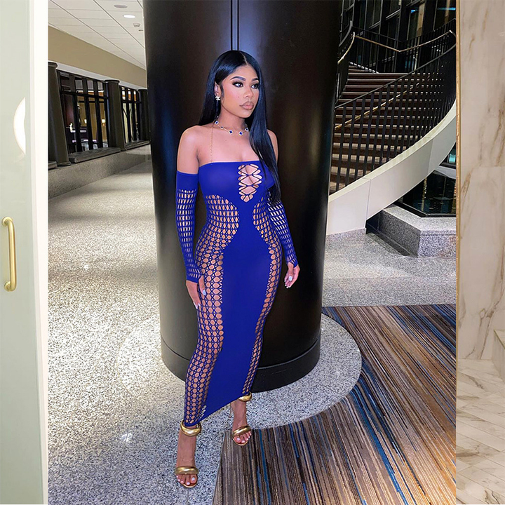 Off-the-shoulder long-sleeve fishnet maxi dress
