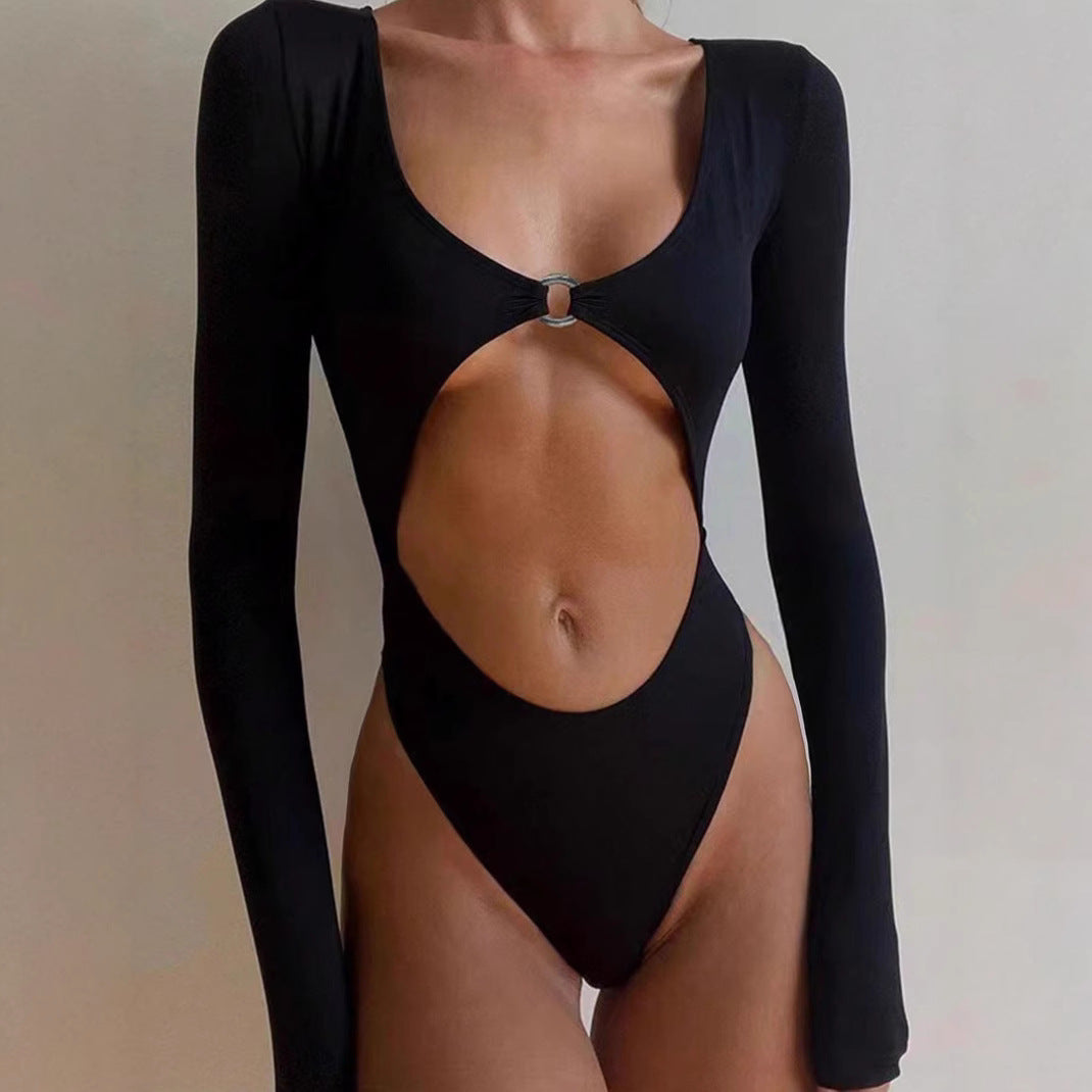 Sexy U-neck long-sleeved bodysuit with a cutout at the waist.