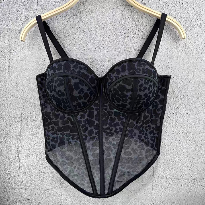 Leopard-print panelled corset with boning