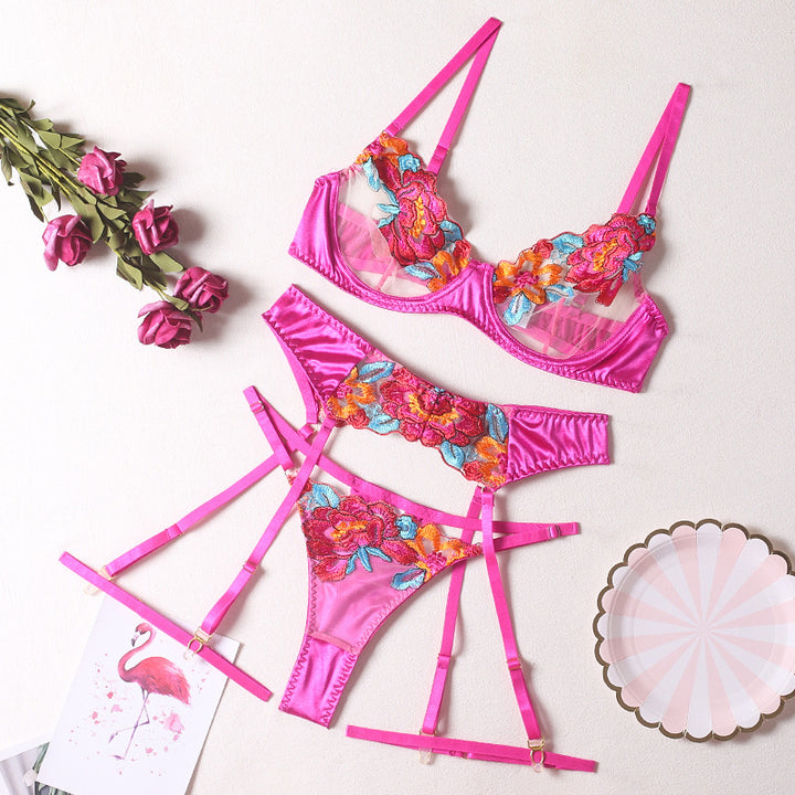 Sexy color-block embroidered floral underwire bra, garter belt, thigh bands, and thong four-piece set