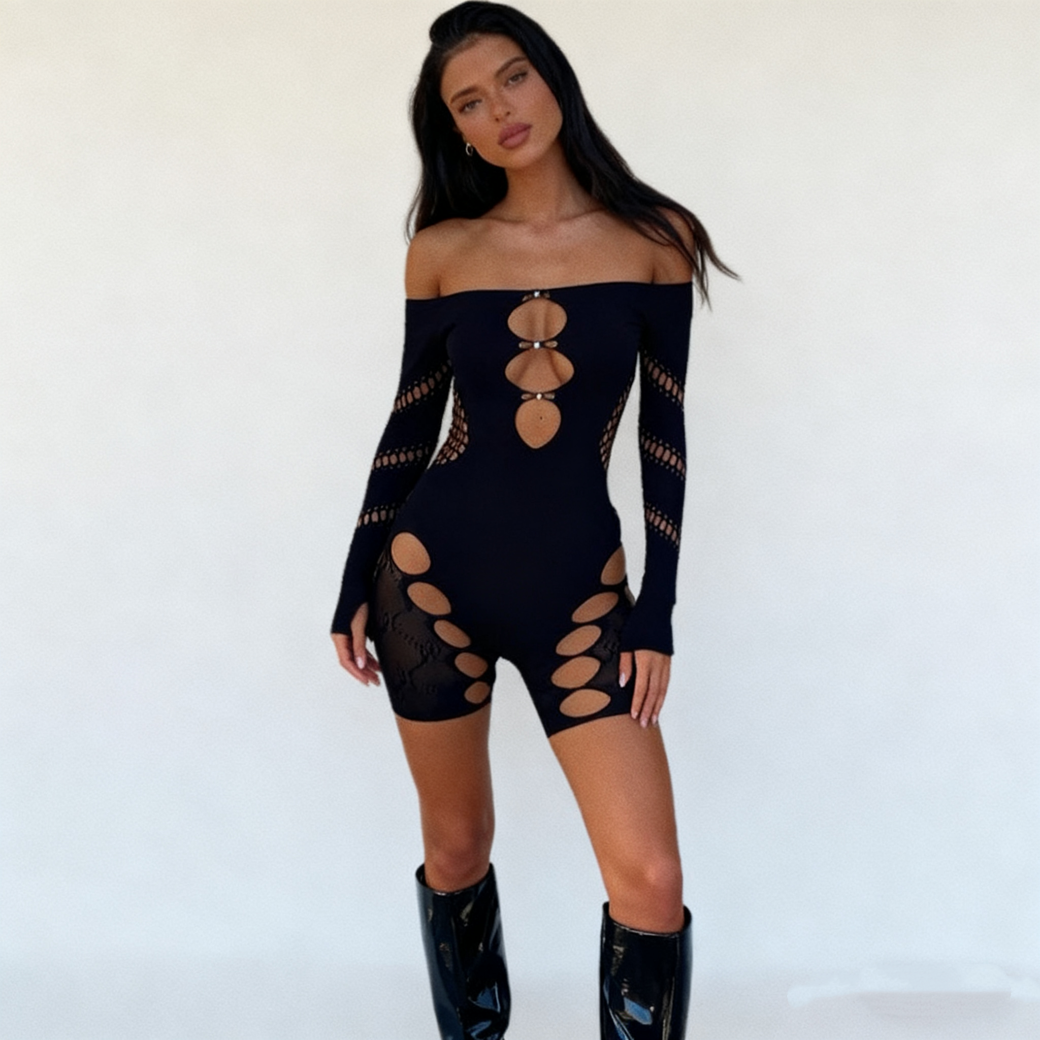 Solid color sleeveless cutout slim-fit sexy jumpsuit shorts