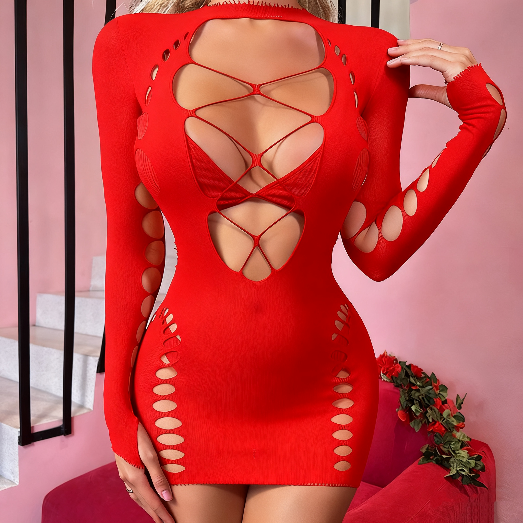 Sexy mesh bodysuit, one-piece sleepwear, bodycon dress, long tight-fitting garment