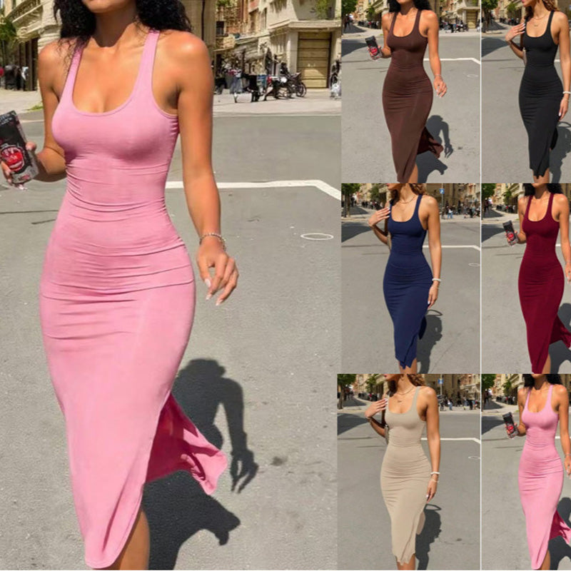 Summer U-neck backless slim-fit slit dress