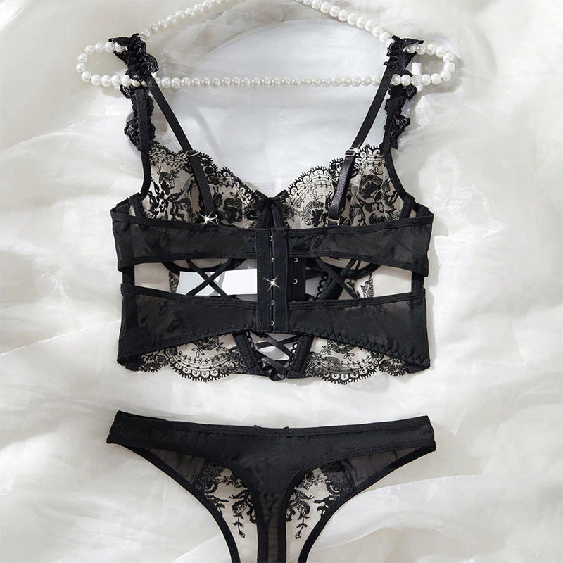 Embroidered Black Mesh Lingerie Set
