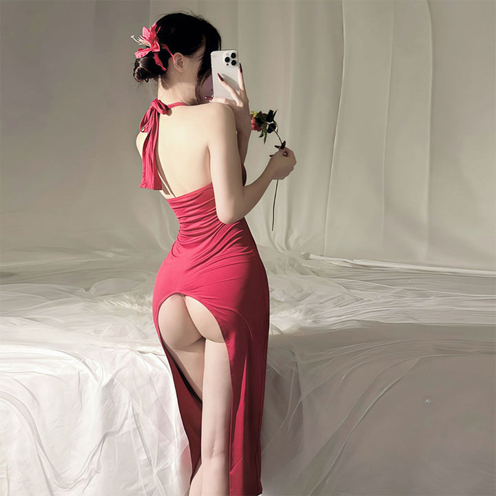 Deep V-neck slit backless dress