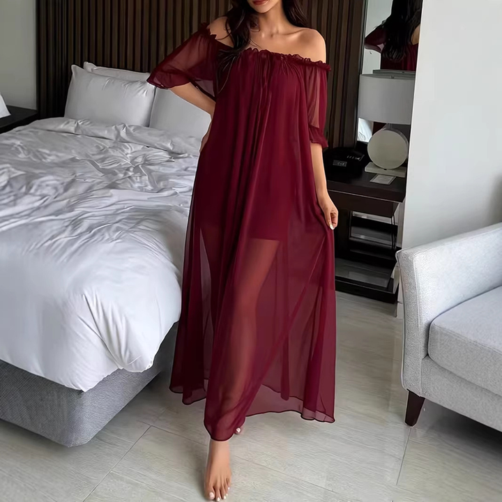 Off-Shoulder Ruffled Sheer Mesh Nightgown