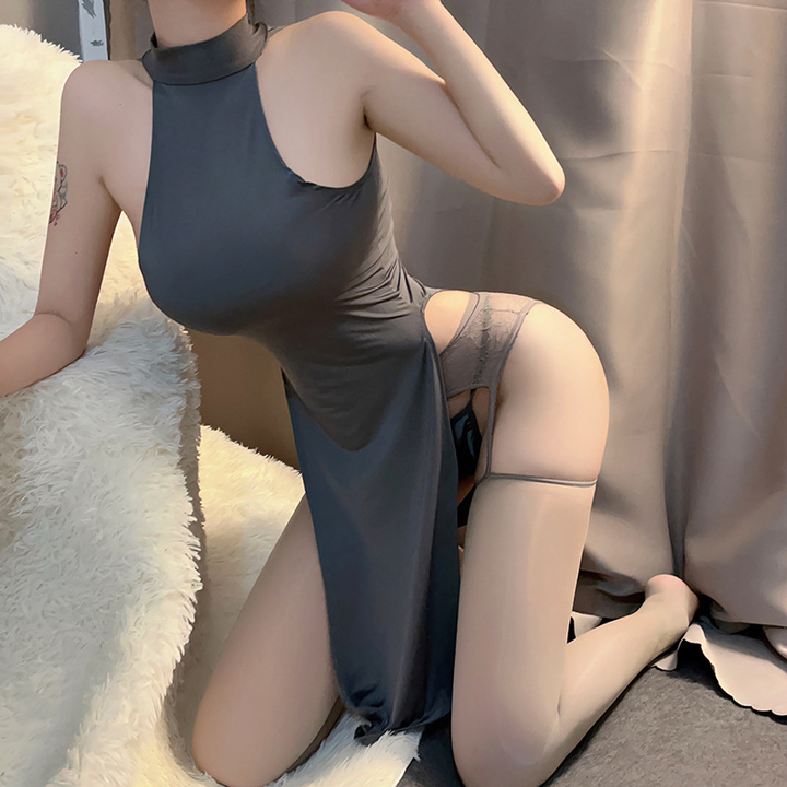 High-Slit Sleeveless Sheer Mesh Bodycon Nightgown