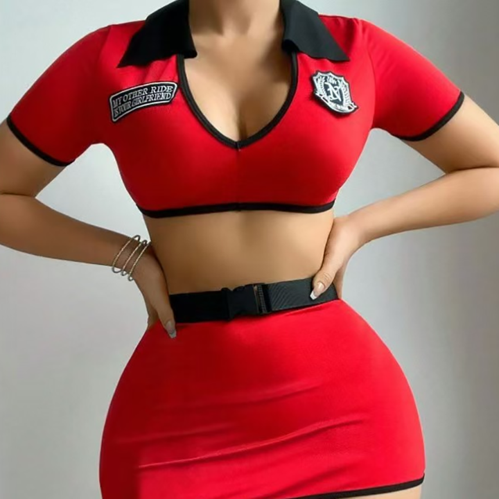 V-neck short-sleeve top and lace-up bodycon mini skirt set