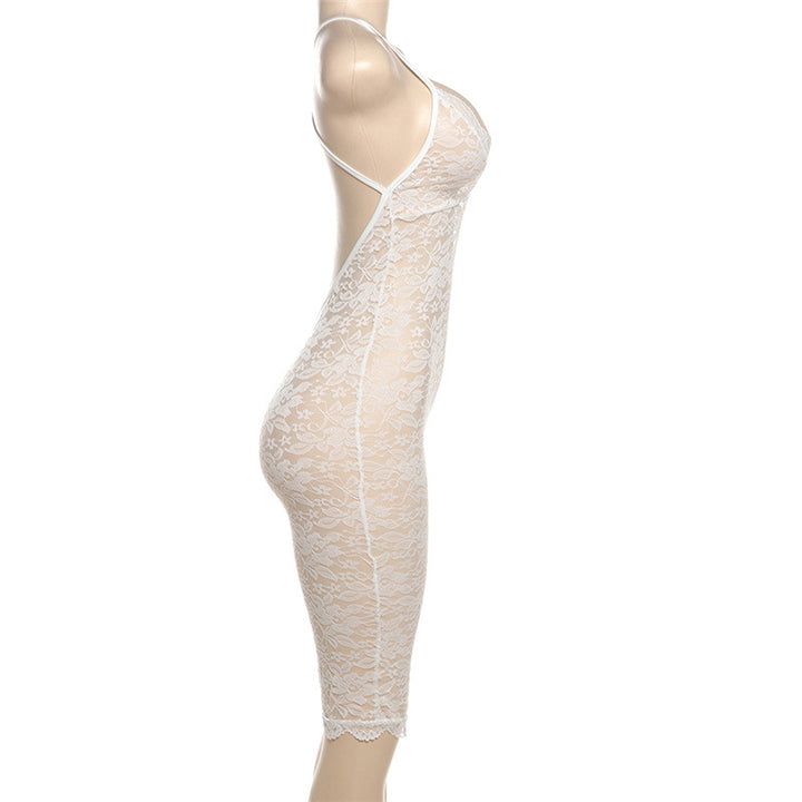 Sexy deep V-neck lace sleeveless high-waisted slim-fit jumpsuit