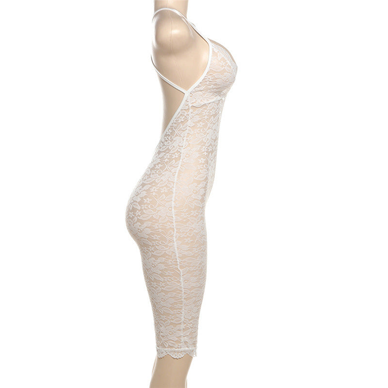 Sexy deep V-neck lace sleeveless high-waisted slim-fit jumpsuit