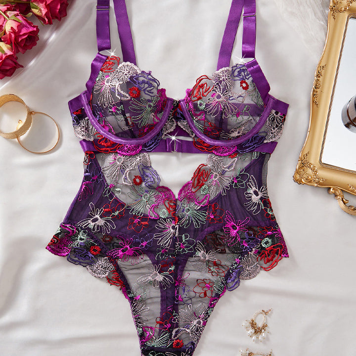 Embroidered Floral Mesh Bodysuit