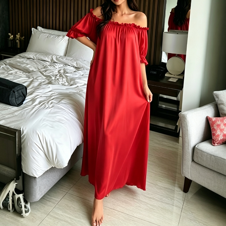 Off-Shoulder Ruffled Sheer Mesh Nightgown
