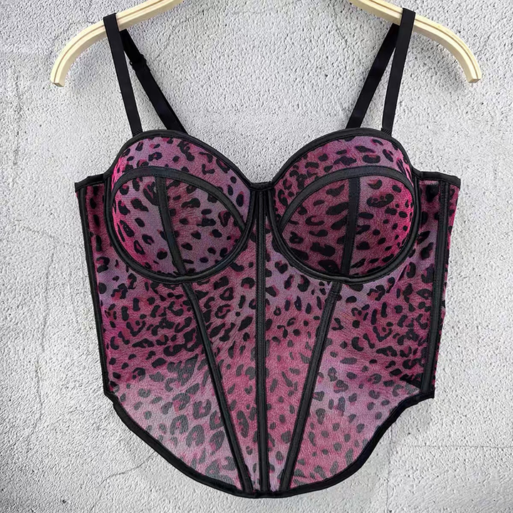 Leopard-print panelled corset with boning