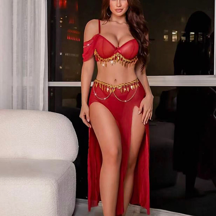 Gold Tassel Sheer Mesh Lingerie Set