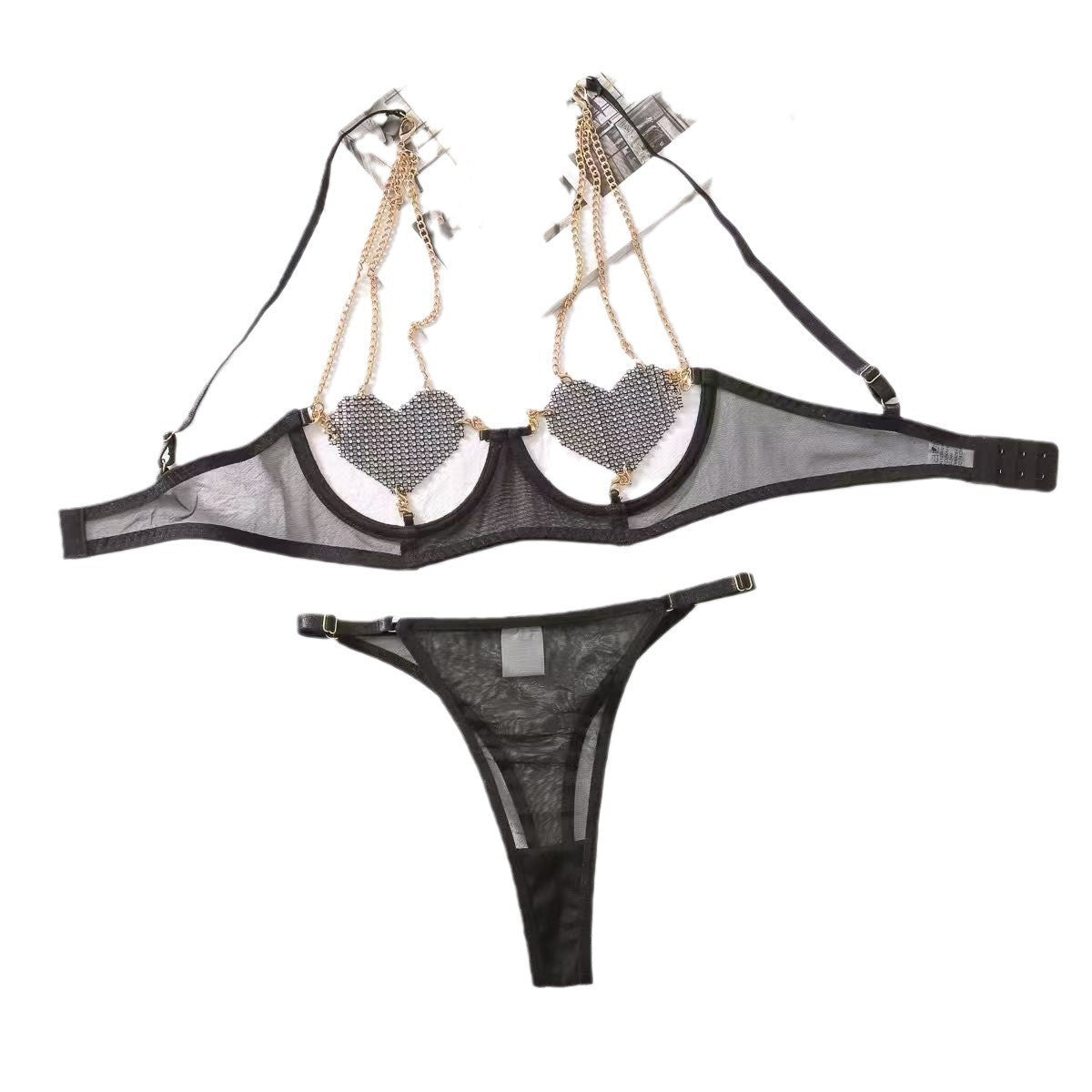 Trendy online celebrity heart chain embellished see-through mesh shapewear