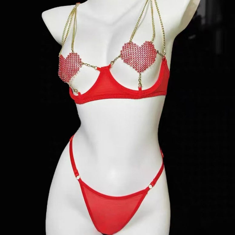 Trendy online celebrity heart chain embellished see-through mesh shapewear