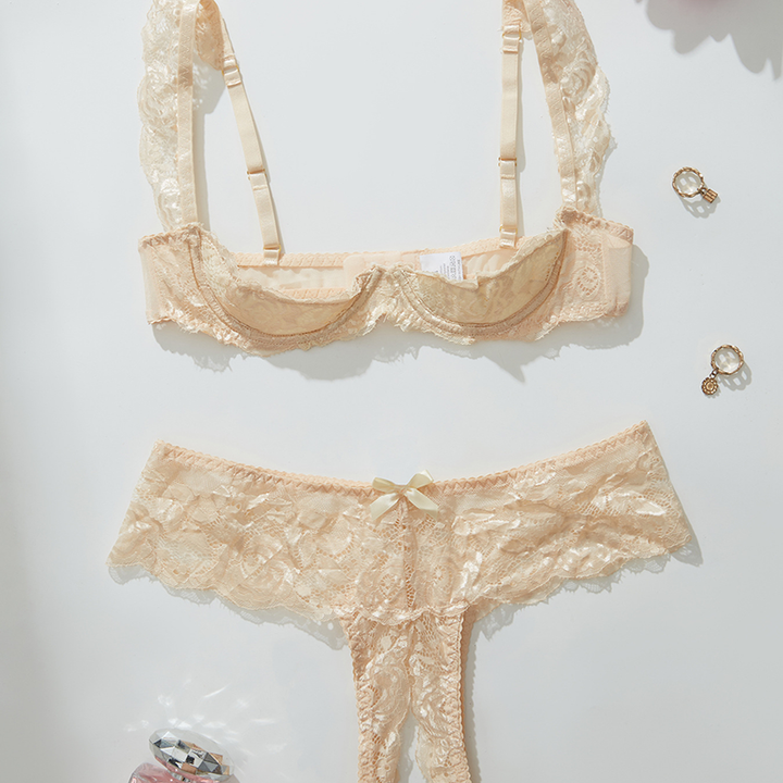 Ruffled lace-strap bra and open-crotch panties