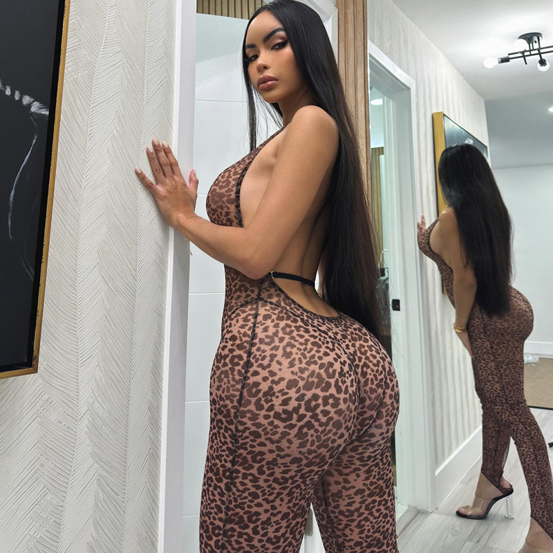 Leopard Print Halter Mesh Catsuit Lingerie
