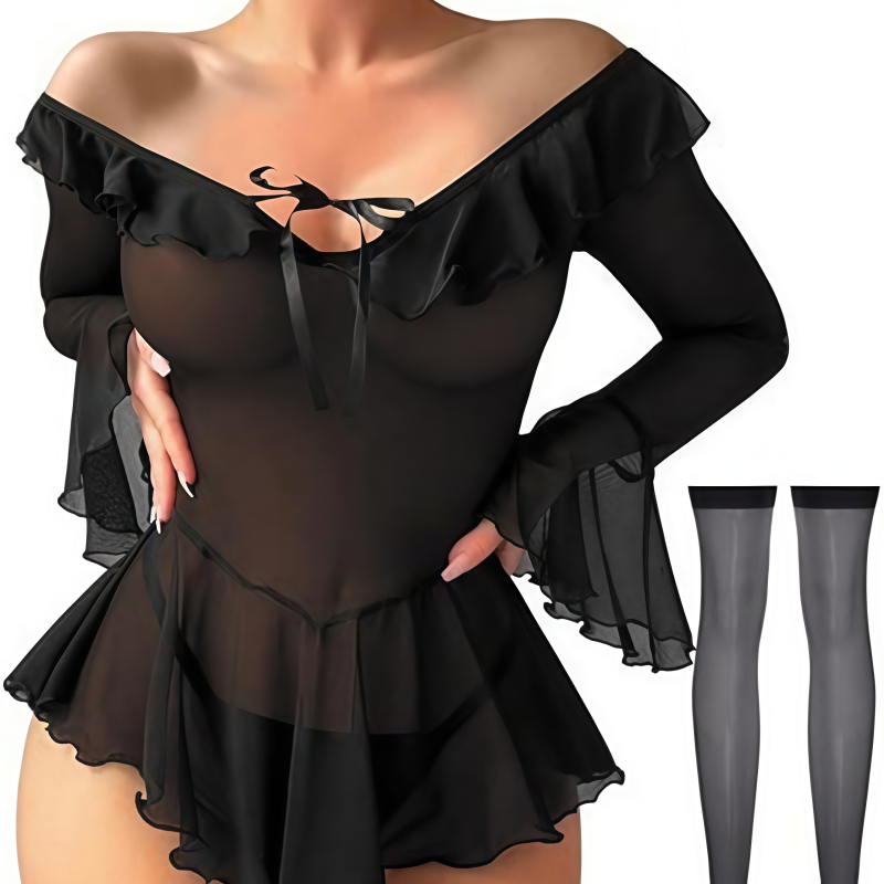 Ruffled Off Shoulder Sheer Mesh Nightgown