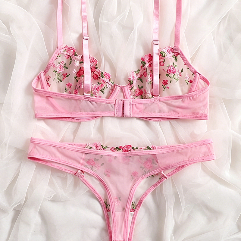 Floral-embroidered mesh lingerie set