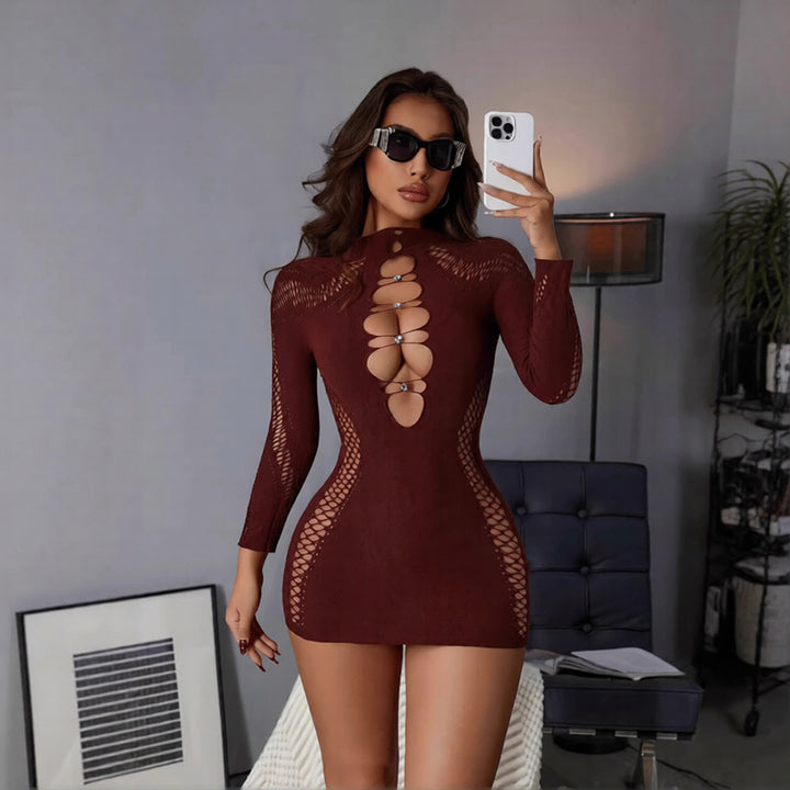 Openwork rhinestone knit dress