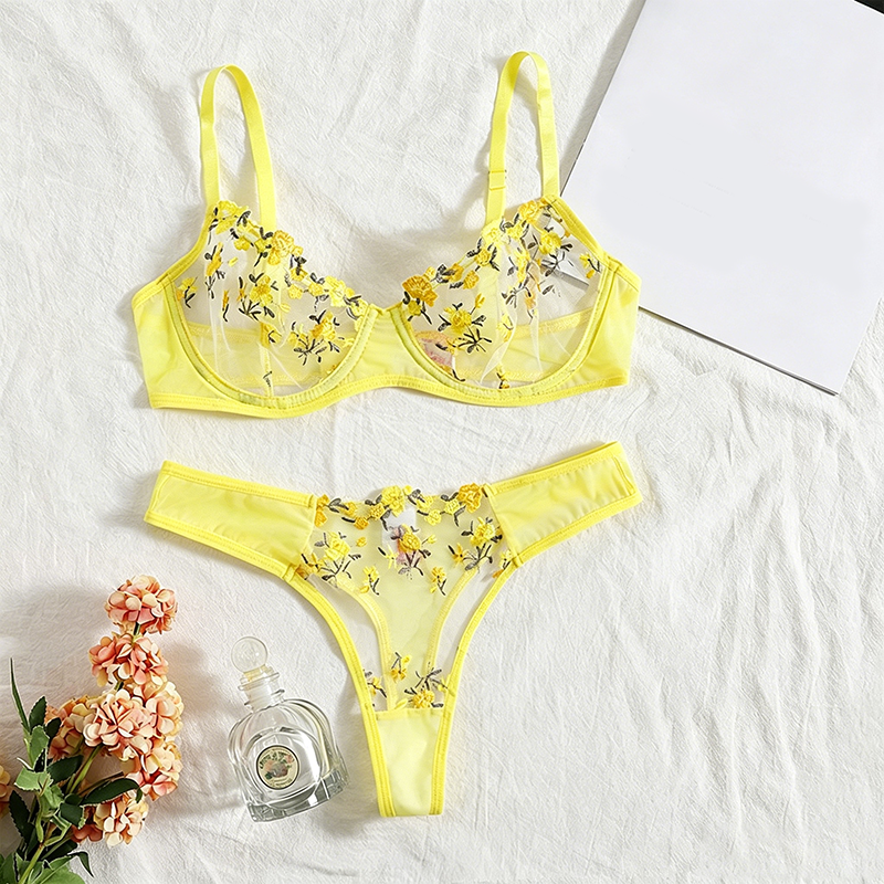Floral-embroidered mesh lingerie set