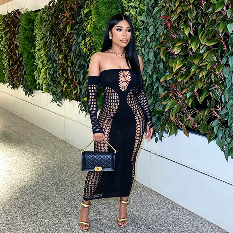 Off-the-shoulder long-sleeve fishnet maxi dress