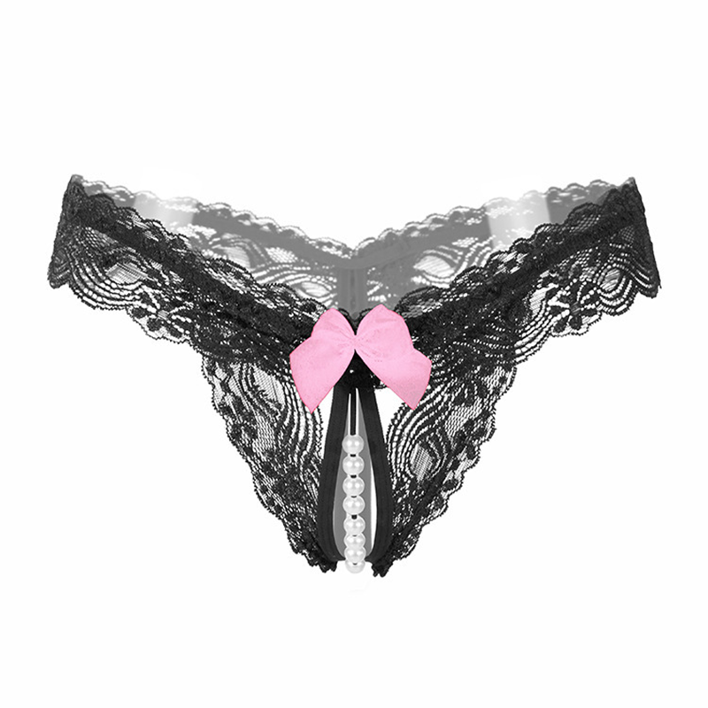 Lace Thong with Bow and Pearl Detail